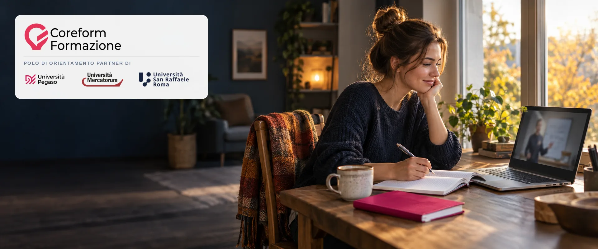 Studentessa che segue una lezione online da casa — Promo Back To Uni, CoreForm Polo di Orientamento partner di Università Pegaso, Mercatorum e San Raffaele Roma